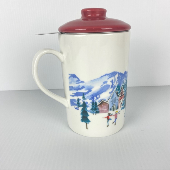 Covered Tea Mug with Strainer 16 Oz Winter Skating Mountain Scene Porcelain - Picture 5 of 9